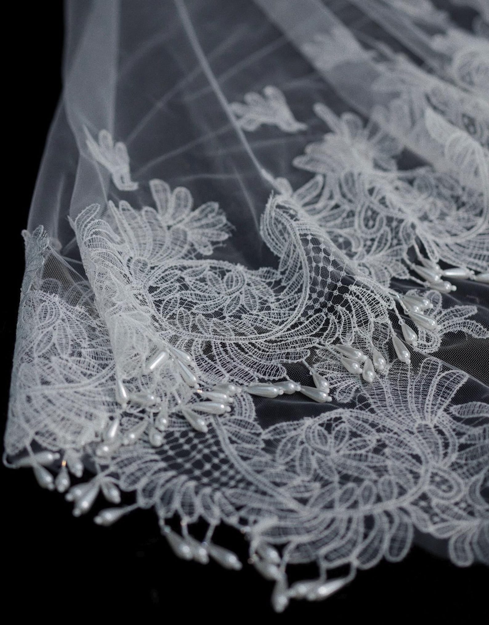 Baroque Lace Mantilla Veil, Cathedral Length Bridal Veil With Tassel Fringe Edge, Vintage Lace Cover Face Wedding Veil