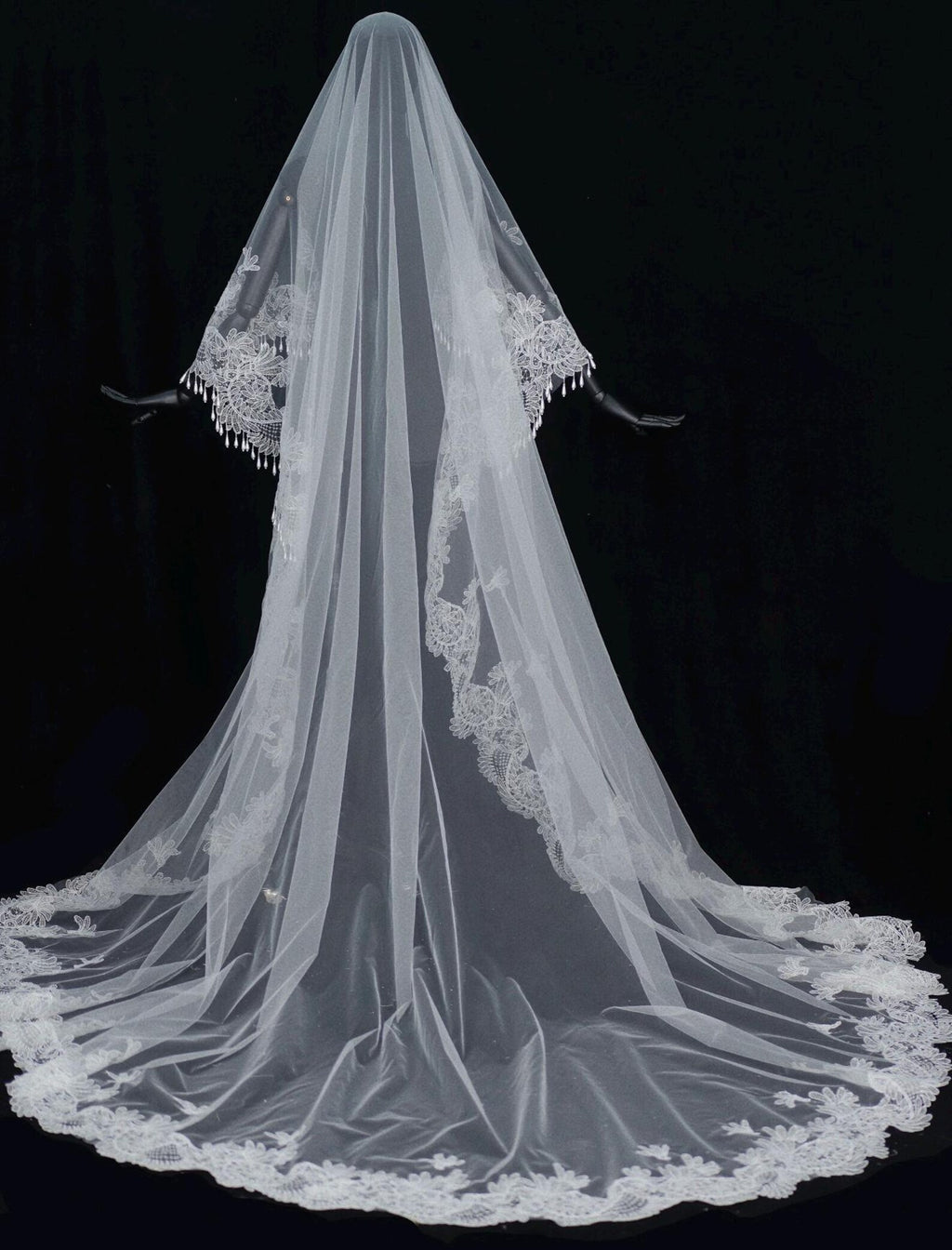 Baroque Lace Mantilla Veil, Cathedral Length Bridal Veil With Tassel Fringe Edge, Vintage Lace Cover Face Wedding Veil