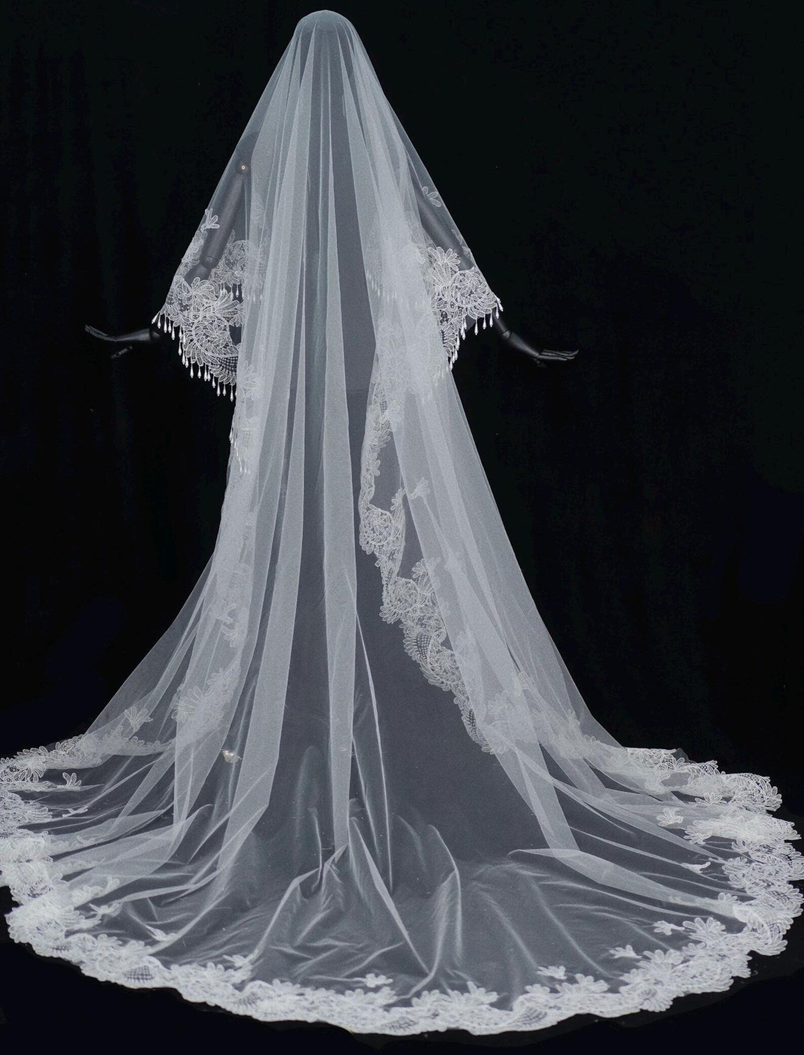 Baroque Lace Mantilla Veil, Cathedral Length Bridal Veil With Tassel Fringe Edge, Vintage Lace Cover Face Wedding Veil