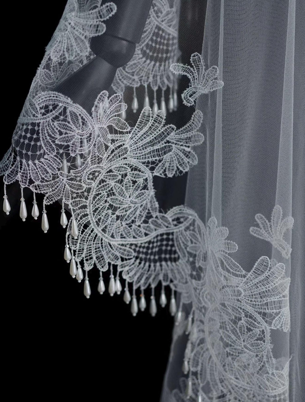 Baroque Lace Mantilla Veil, Cathedral Length Bridal Veil With Tassel Fringe Edge, Vintage Lace Cover Face Wedding Veil
