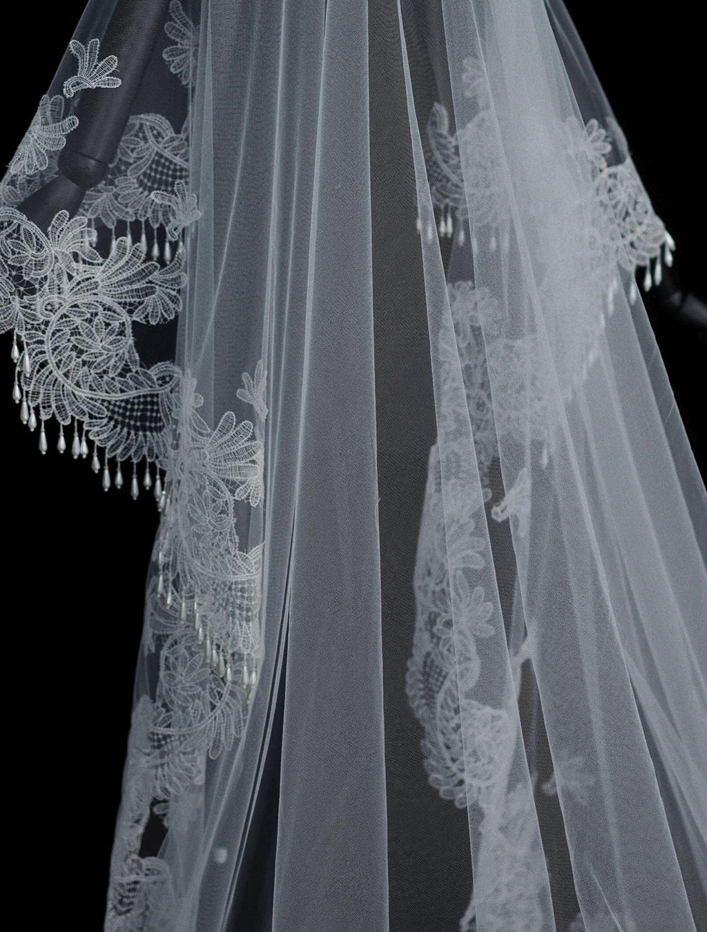 Baroque Lace Mantilla Veil, Cathedral Length Bridal Veil With Tassel Fringe Edge, Vintage Lace Cover Face Wedding Veil