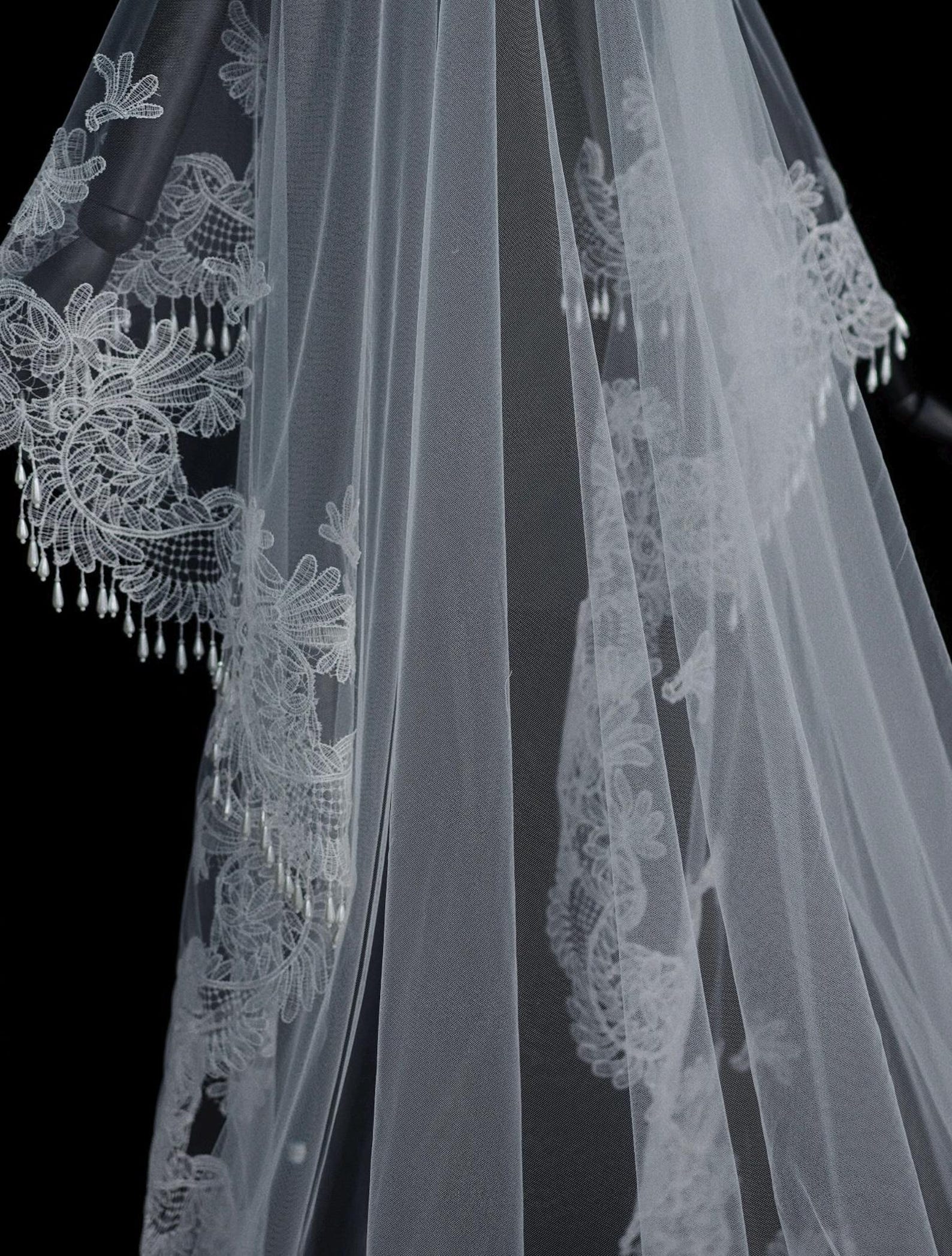 Baroque Lace Mantilla Veil, Cathedral Length Bridal Veil With Tassel Fringe Edge, Vintage Lace Cover Face Wedding Veil