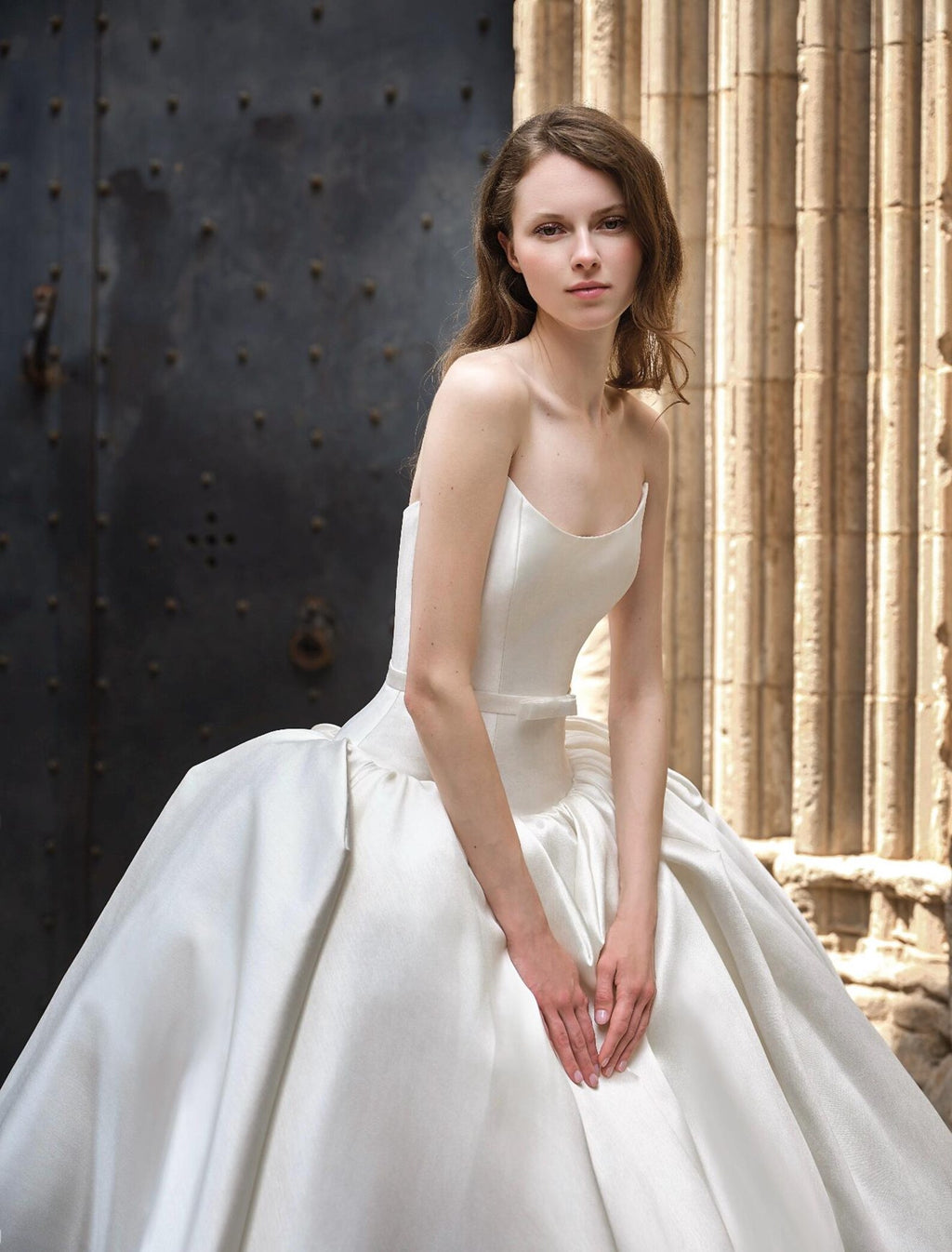 Two‑In‑One Satin Ball Gown Wedding Dress, Detachable 3D Floral Ruffle Shoulder, Strapless Bridal Gown With Cathedral Train