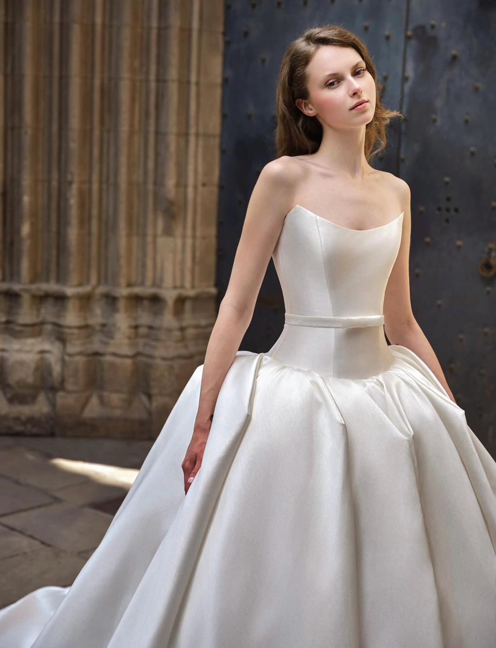 Two‑In‑One Satin Ball Gown Wedding Dress, Detachable 3D Floral Ruffle Shoulder, Strapless Bridal Gown With Cathedral Train