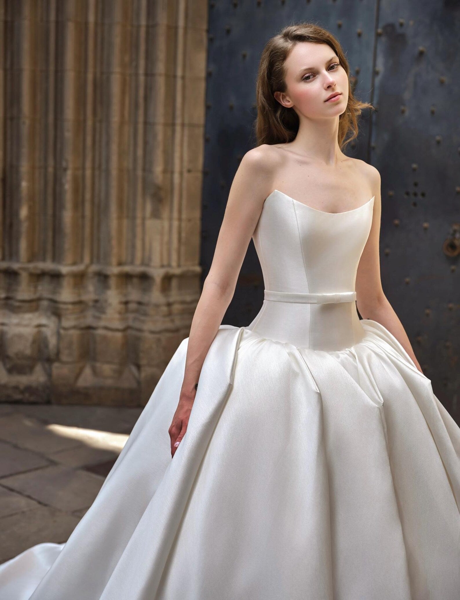 Two‑In‑One Satin Ball Gown Wedding Dress, Detachable 3D Floral Ruffle Shoulder, Strapless Bridal Gown With Cathedral Train