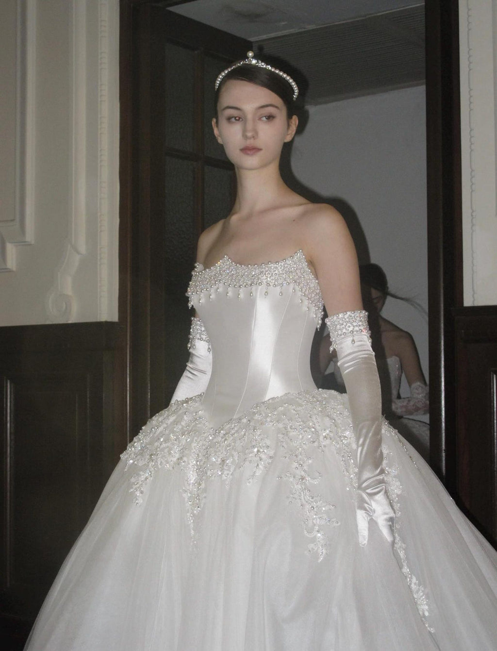Vintage Royal Satin Wedding Dress, Beaded Strapless Ballgown, Bridal Gown With Long Satin Gloves