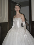 Vintage Royal Satin Wedding Dress, Beaded Strapless Ballgown, Bridal Gown With Long Satin Gloves