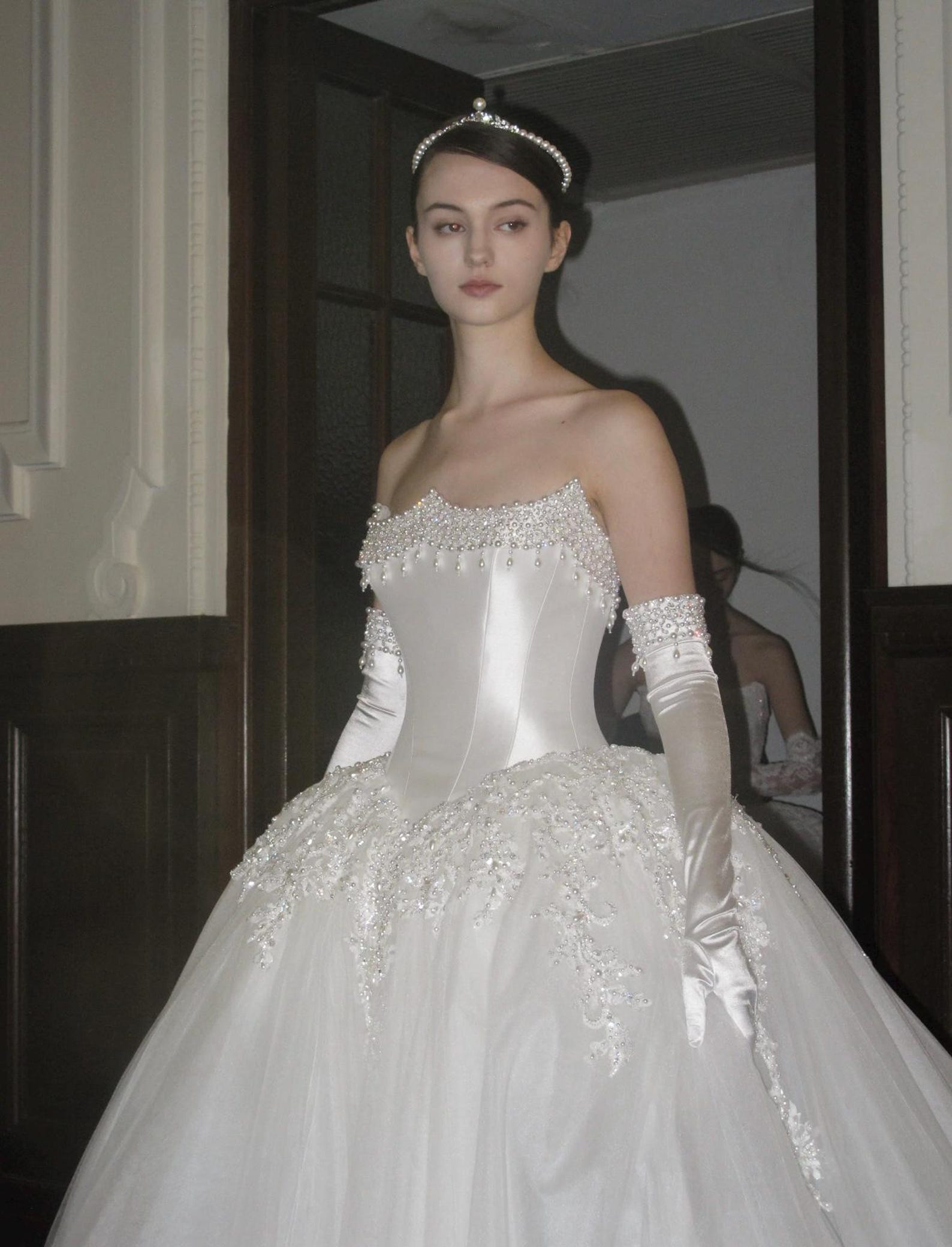 Vintage Royal Satin Wedding Dress, Beaded Strapless Ballgown, Bridal Gown With Long Satin Gloves