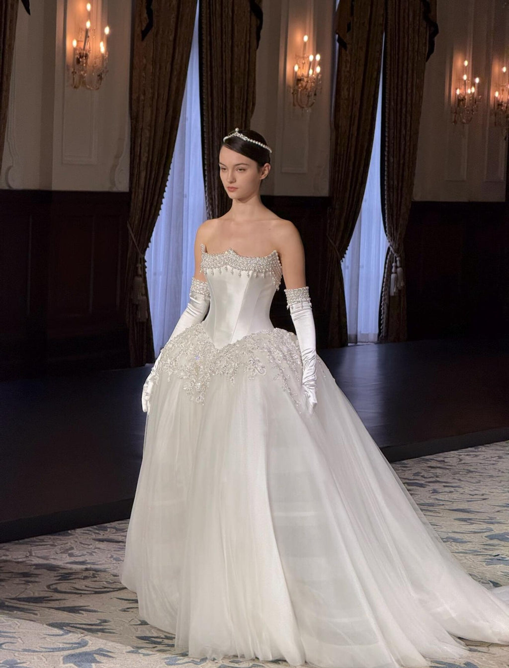 Vintage Royal Satin Wedding Dress, Beaded Strapless Ballgown, Bridal Gown With Long Satin Gloves