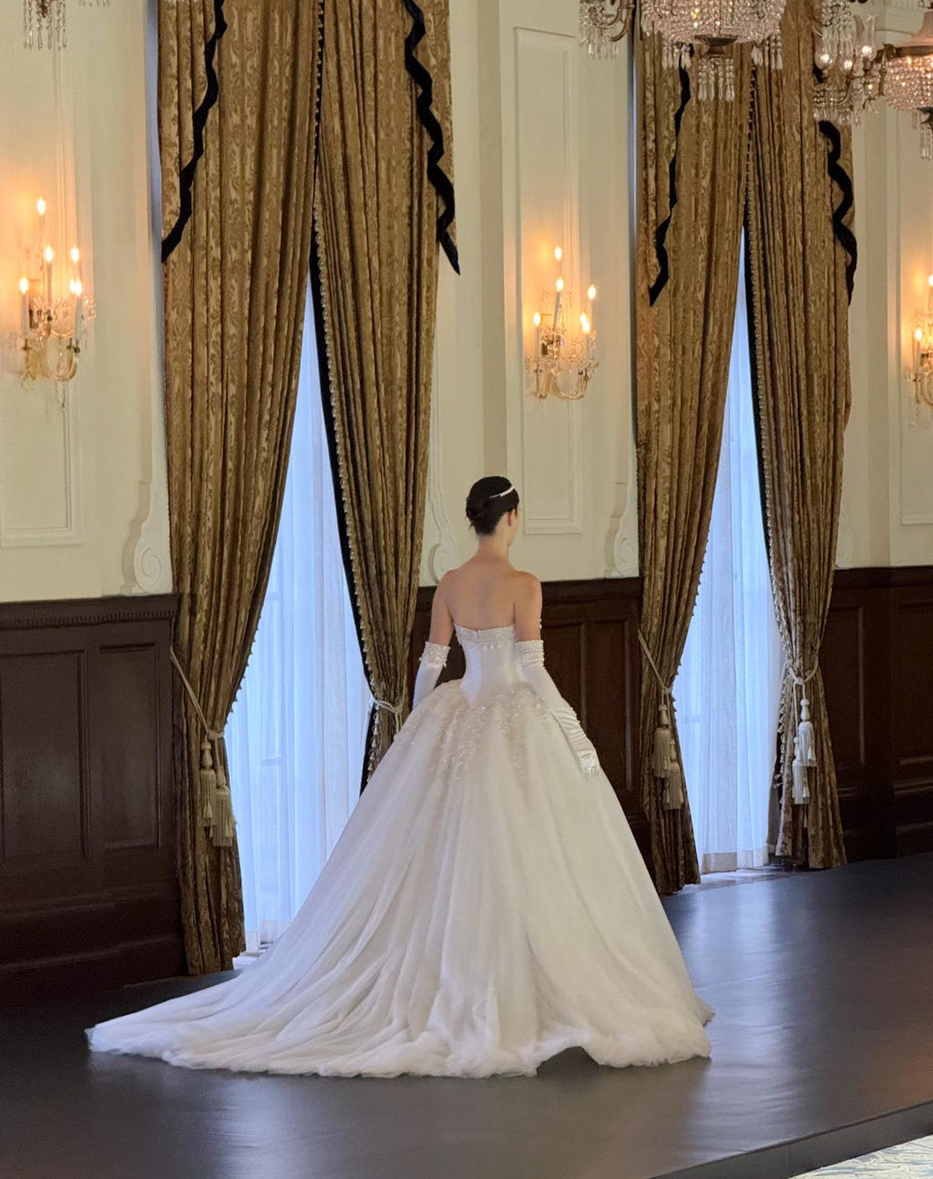 Vintage Royal Satin Wedding Dress, Beaded Strapless Ballgown, Bridal Gown With Long Satin Gloves