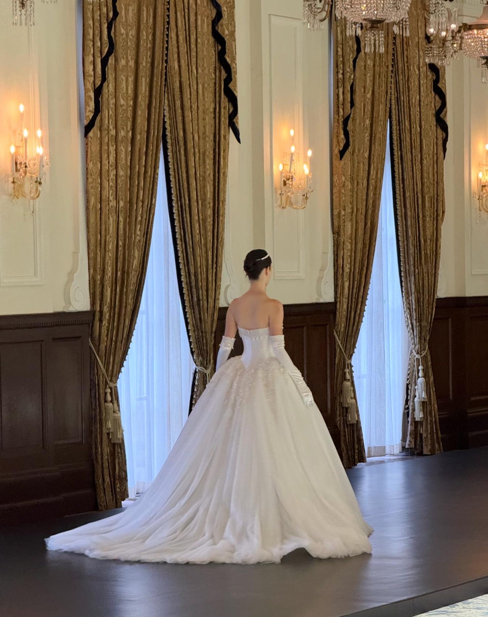 Vintage Royal Satin Wedding Dress, Beaded Strapless Ballgown, Bridal Gown With Long Satin Gloves