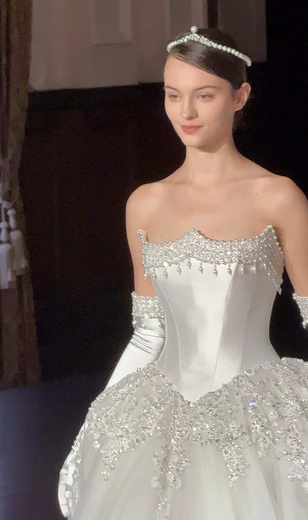 Vintage Royal Satin Wedding Dress, Beaded Strapless Ballgown, Bridal Gown With Long Satin Gloves