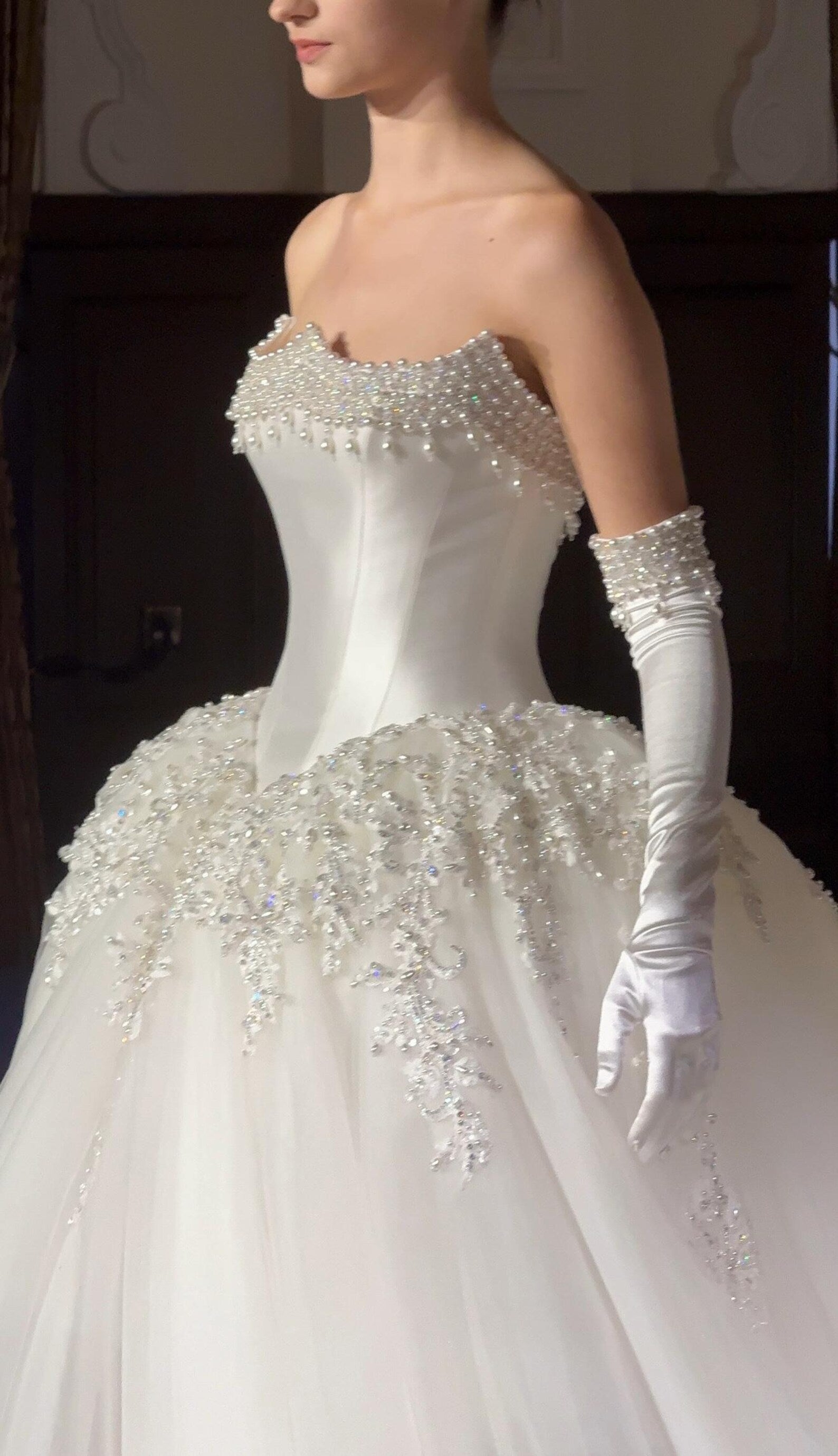 Vintage Royal Satin Wedding Dress, Beaded Strapless Ballgown, Bridal Gown With Long Satin Gloves