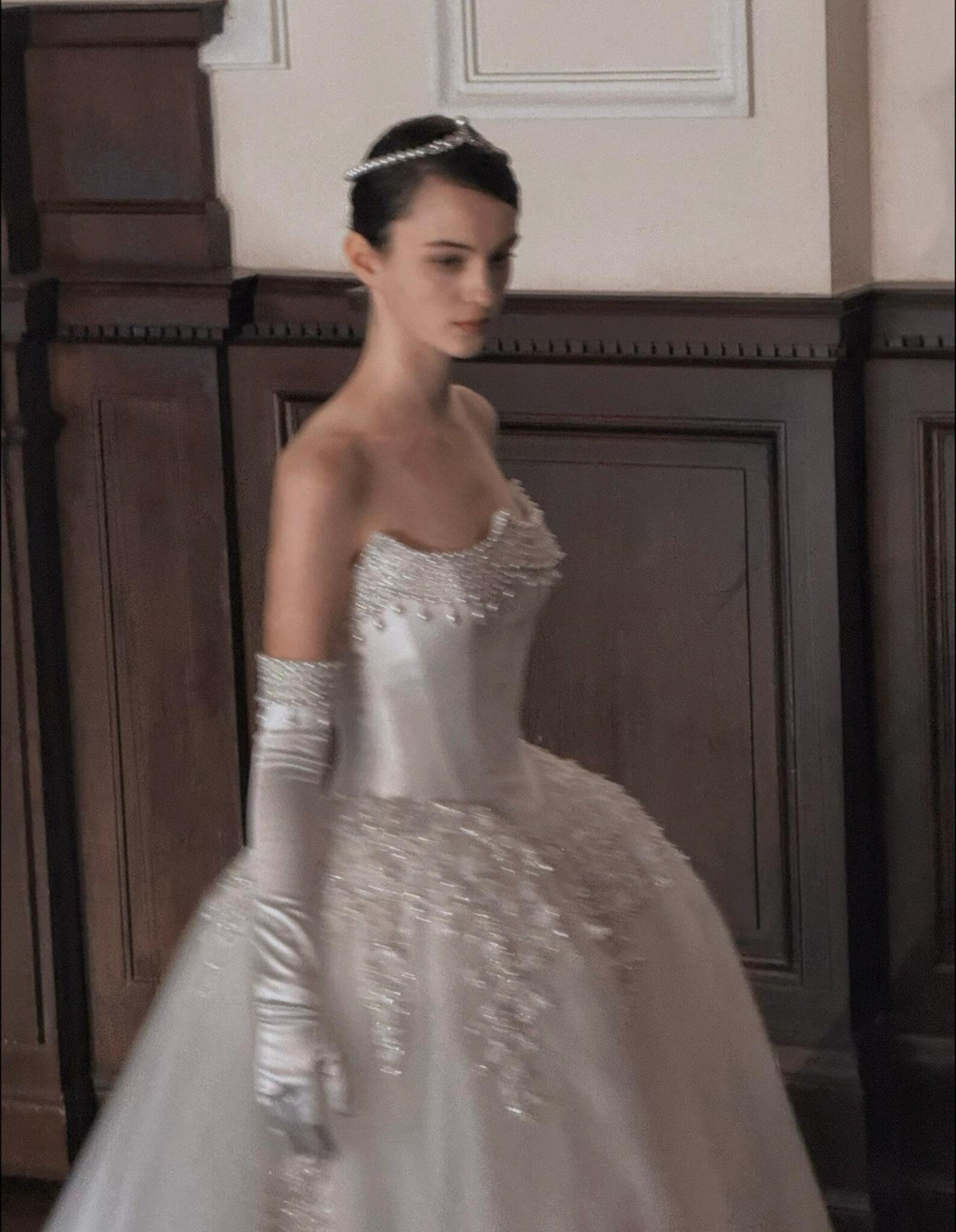 Vintage Royal Satin Wedding Dress, Beaded Strapless Ballgown, Bridal Gown With Long Satin Gloves
