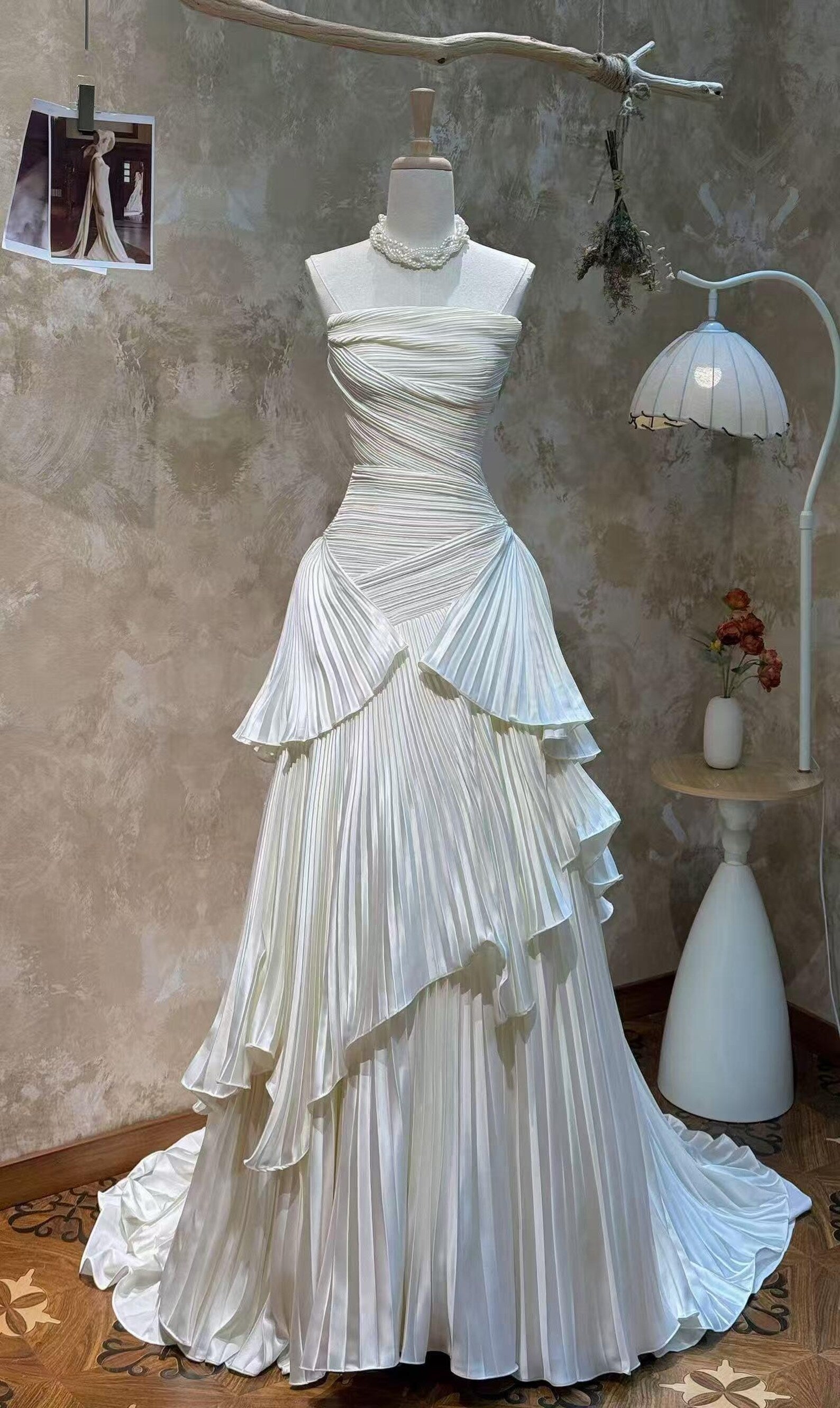 Pleated Strapless Tiered Wedding Dress, Ruffled Bridal Gown