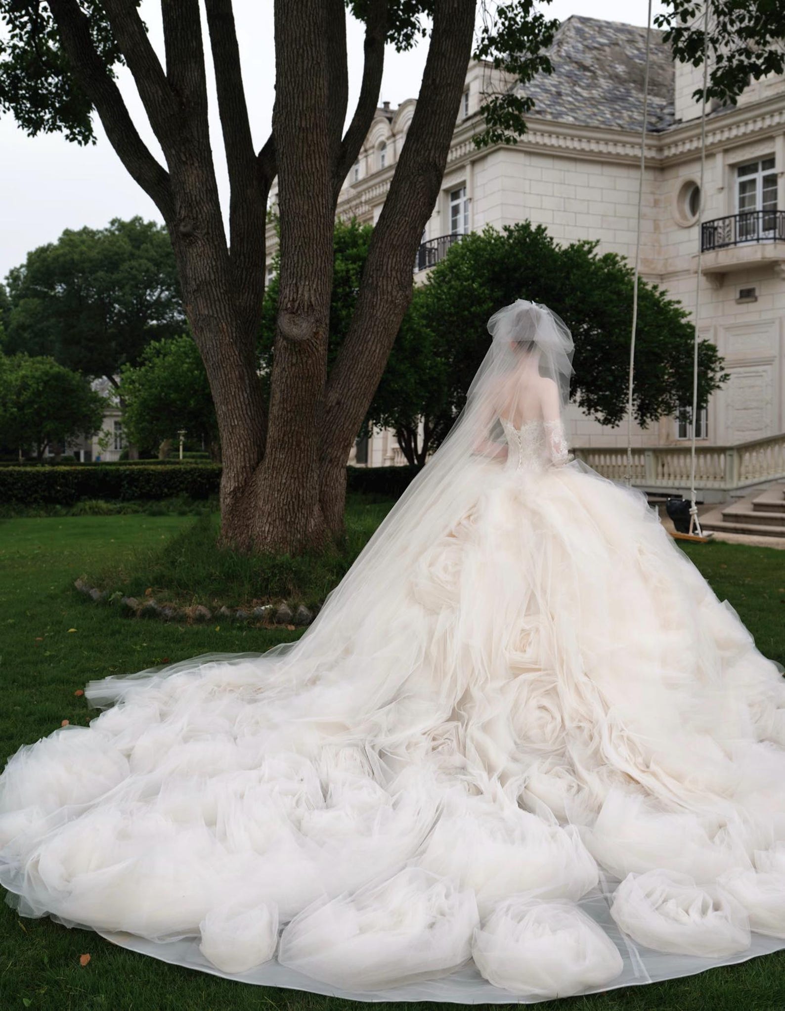 Fairytale Strapless Wedding Dress, Champagne Tulle Ballgown With Hand‑Made 3D Roses, Lace Bodice Bridal Gown for Garden Wedding