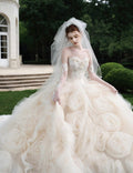Fairytale Strapless Wedding Dress, Champagne Tulle Ballgown With Hand‑Made 3D Roses, Lace Bodice Bridal Gown for Garden Wedding