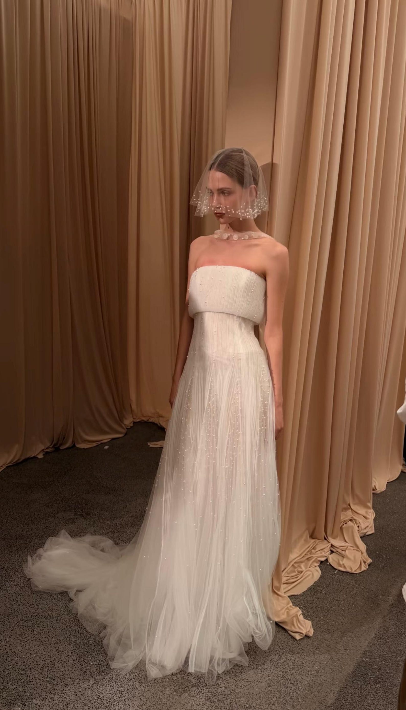 Strapless Pleated Tulle Wedding Dress, Draped Beaded Bridal Gown, Minimalist Sheath Wedding Gown With Tiny Pearl Accents