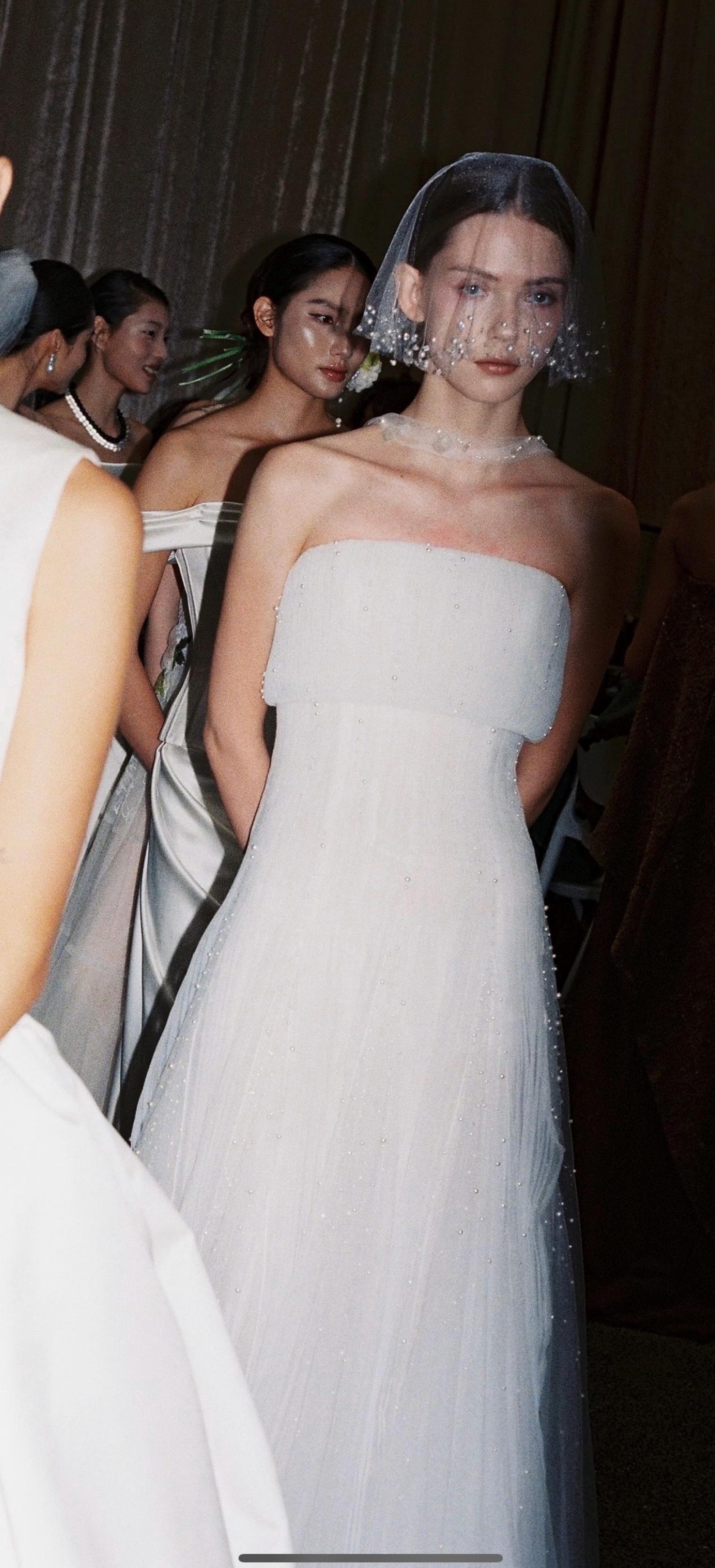 Strapless Pleated Tulle Wedding Dress, Draped Beaded Bridal Gown, Minimalist Sheath Wedding Gown With Tiny Pearl Accents
