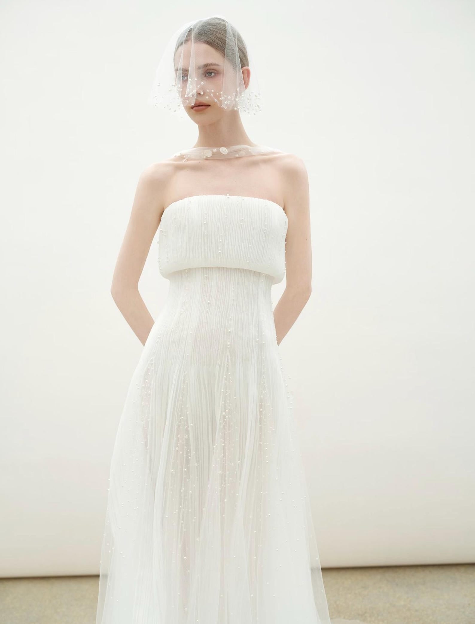 Strapless Pleated Tulle Wedding Dress, Draped Beaded Bridal Gown, Minimalist Sheath Wedding Gown With Tiny Pearl Accents