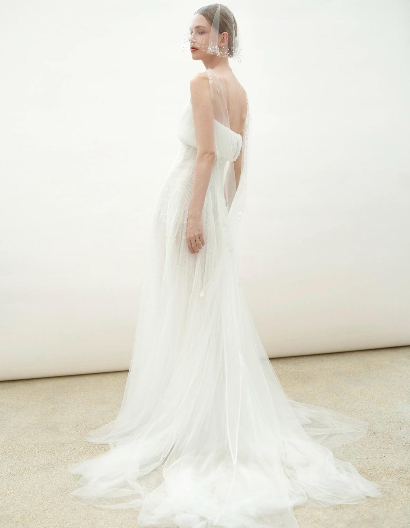 Strapless Pleated Tulle Wedding Dress, Draped Beaded Bridal Gown, Minimalist Sheath Wedding Gown With Tiny Pearl Accents