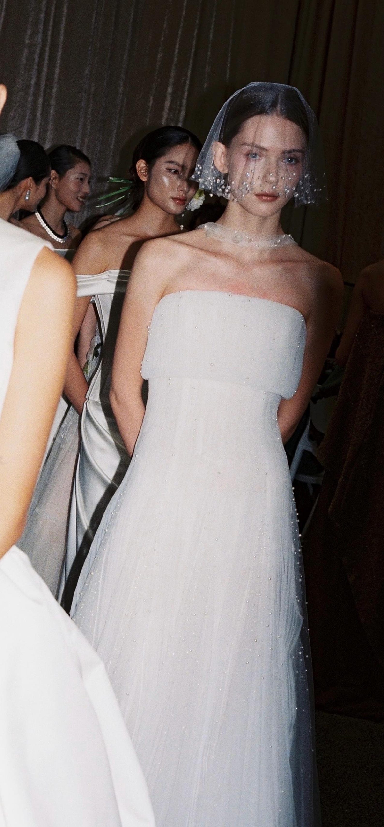 Strapless Pleated Tulle Wedding Dress, Draped Beaded Bridal Gown, Minimalist Sheath Wedding Gown With Tiny Pearl Accents