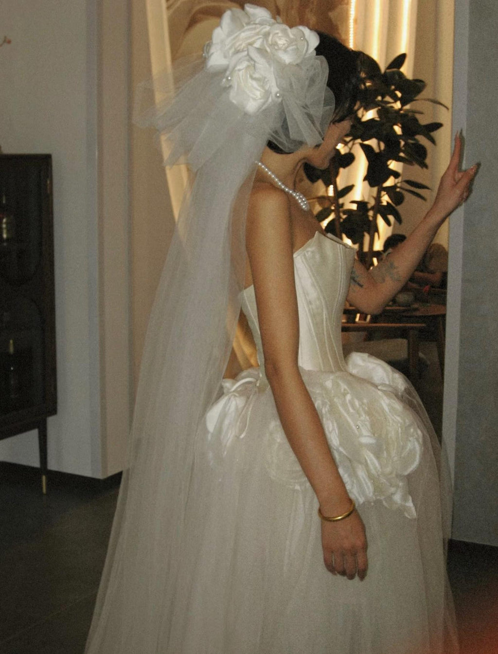 Modern Strapless Bridal Gown,3D Large Flower Tulle Wedding Dress,Satin Corset Wedding Gown,Edgy Bride Reception Dress