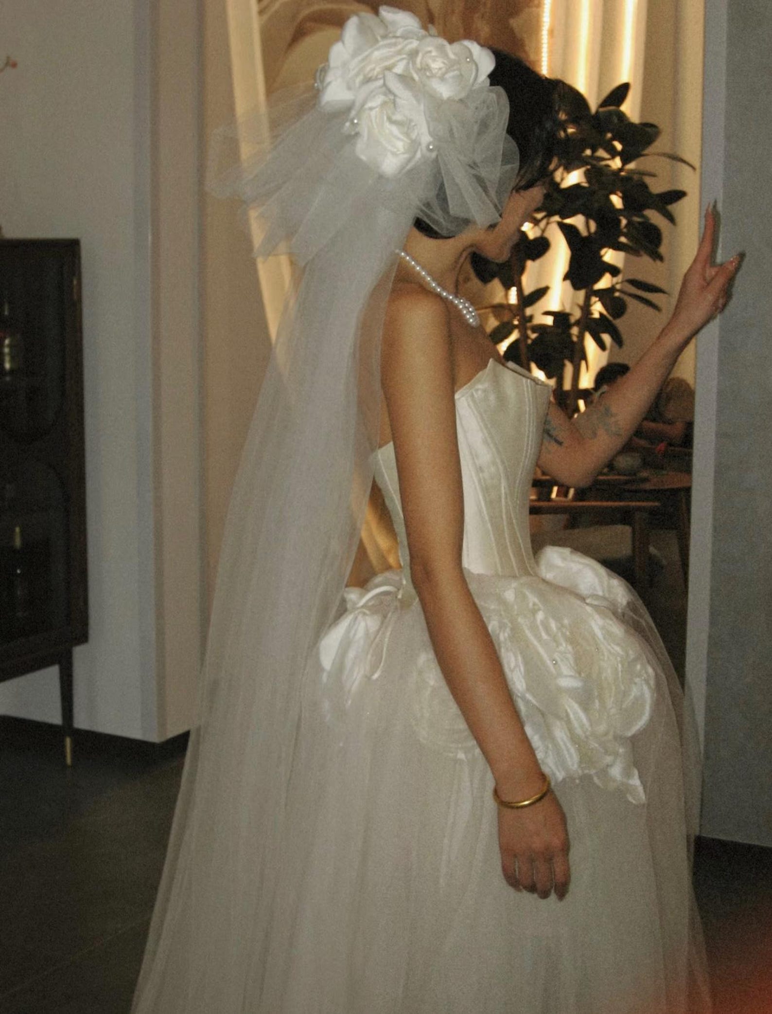 Modern Strapless Bridal Gown,3D Large Flower Tulle Wedding Dress,Satin Corset Wedding Gown,Edgy Bride Reception Dress