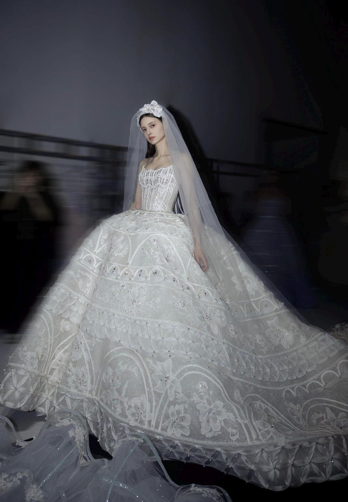 Luxury Strapless Ballgown Wedding Dress, Heavy Lace Embroidered Bridal Gown With Long Train