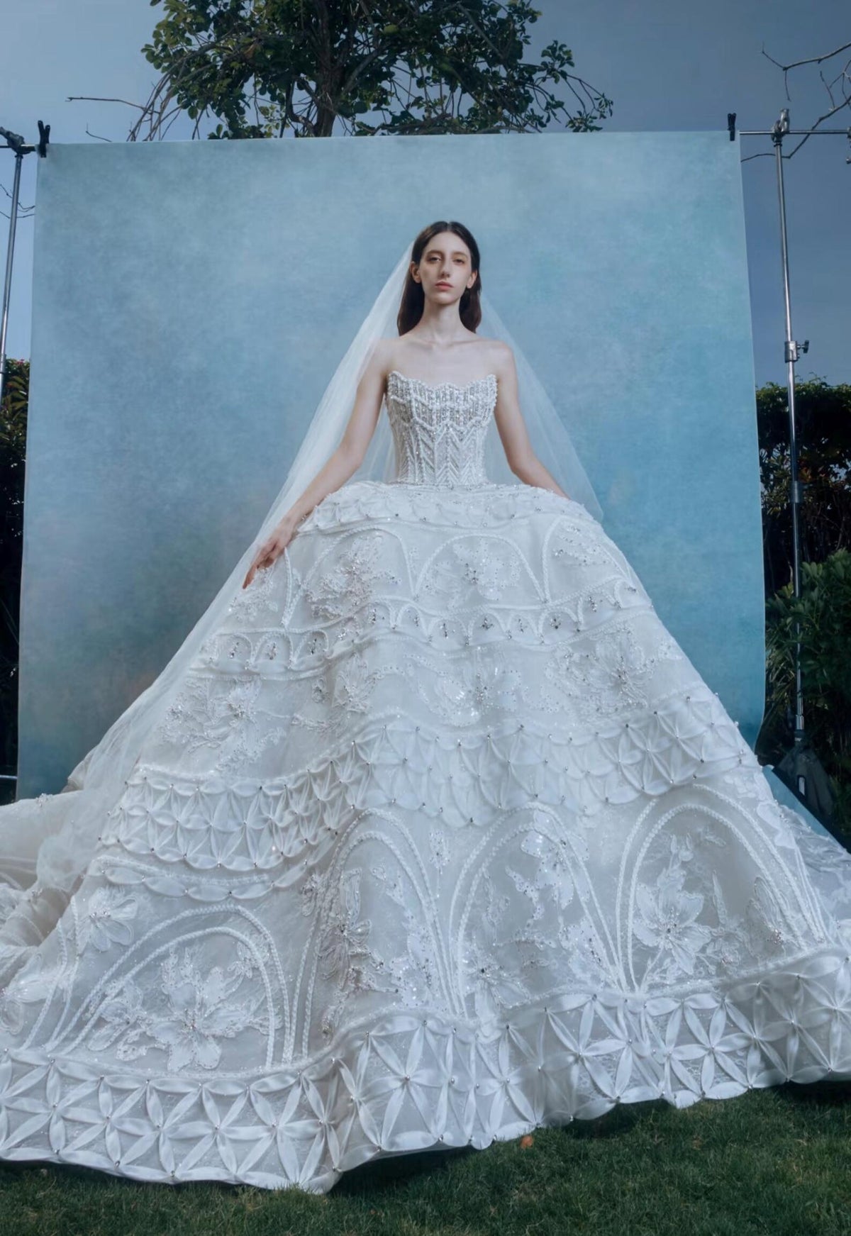 Luxury Strapless Ballgown Wedding Dress, Heavy Lace Embroidered Bridal Gown With Long Train