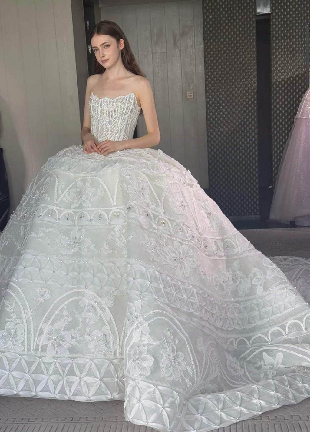 Luxury Strapless Ballgown Wedding Dress, Heavy Lace Embroidered Bridal Gown With Long Train