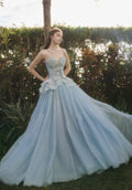 Light Blue Shell Strapless Ballgown, Sparkle Tulle Formal Evening Prom Gown
