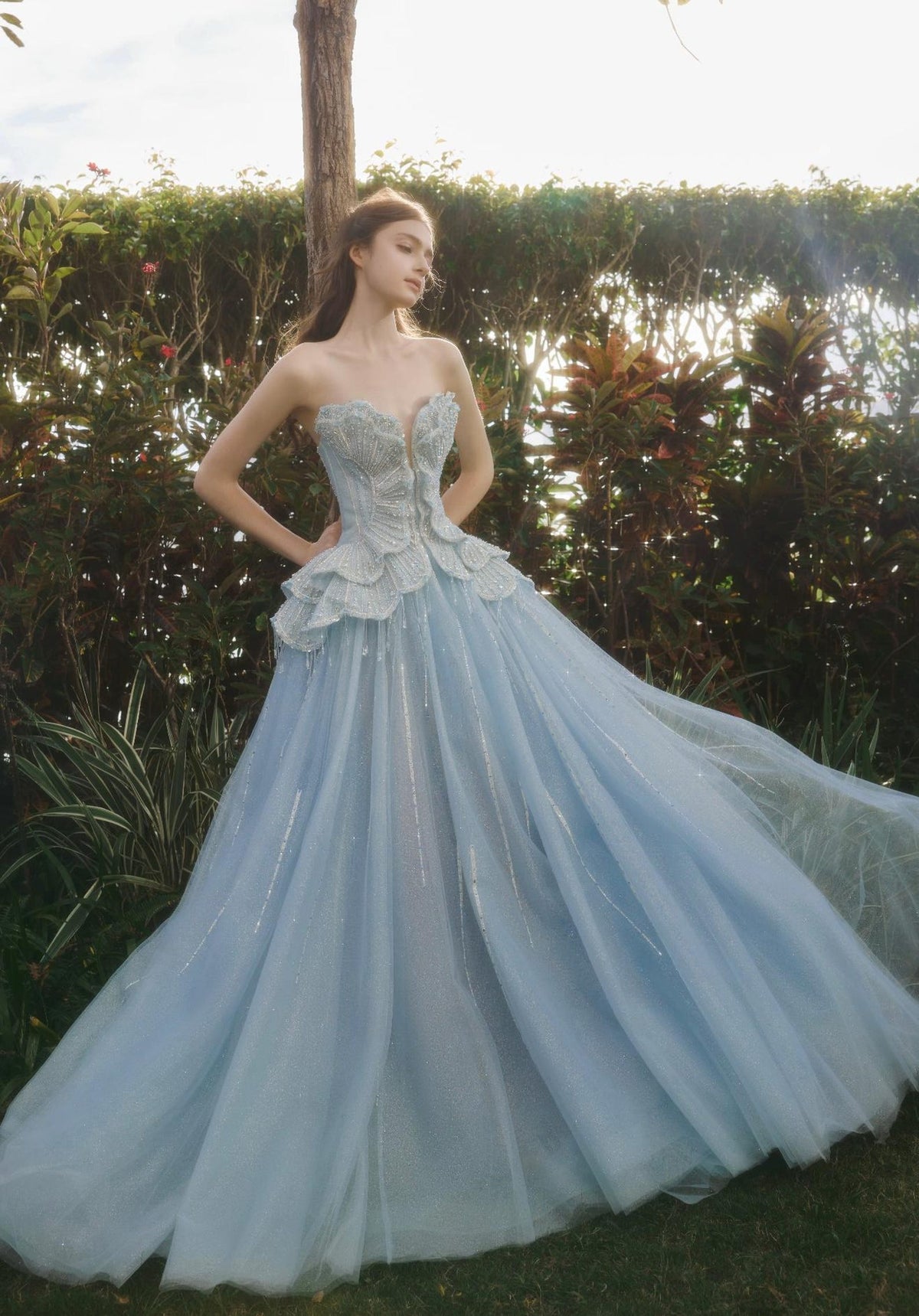 Light Blue Shell Strapless Ballgown, Sparkle Tulle Formal Evening Prom Gown
