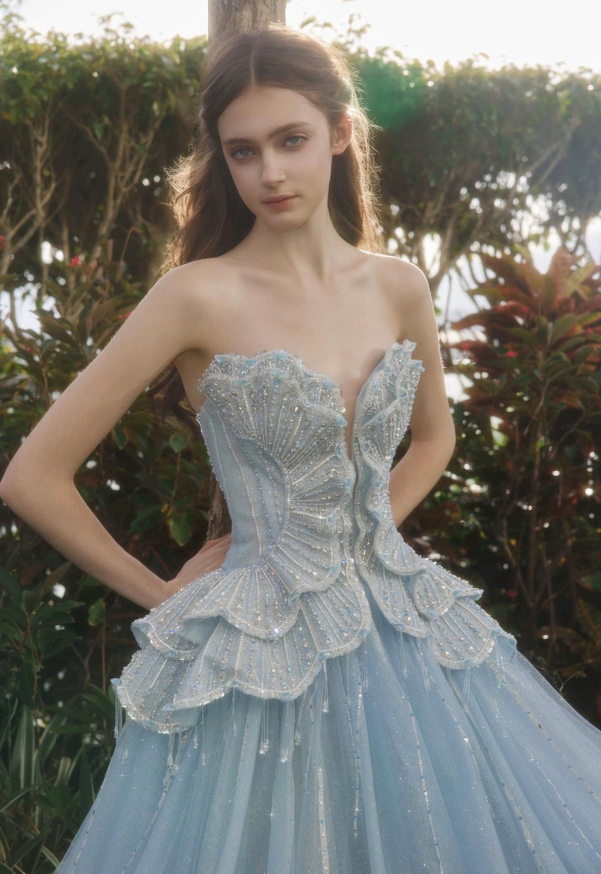 Light Blue Shell Strapless Ballgown, Sparkle Tulle Formal Evening Prom Gown