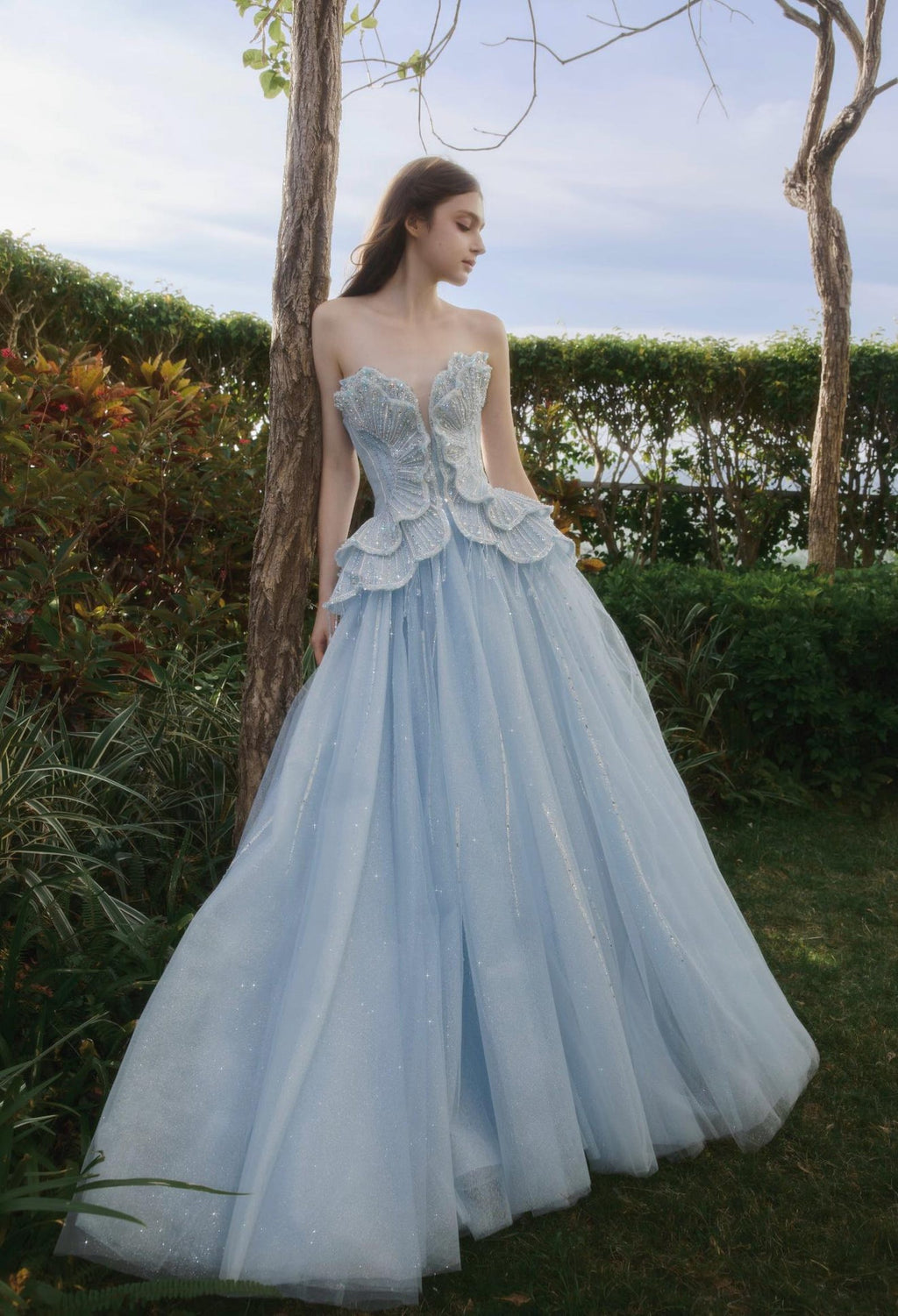 Light Blue Shell Strapless Ballgown, Sparkle Tulle Formal Evening Prom Gown