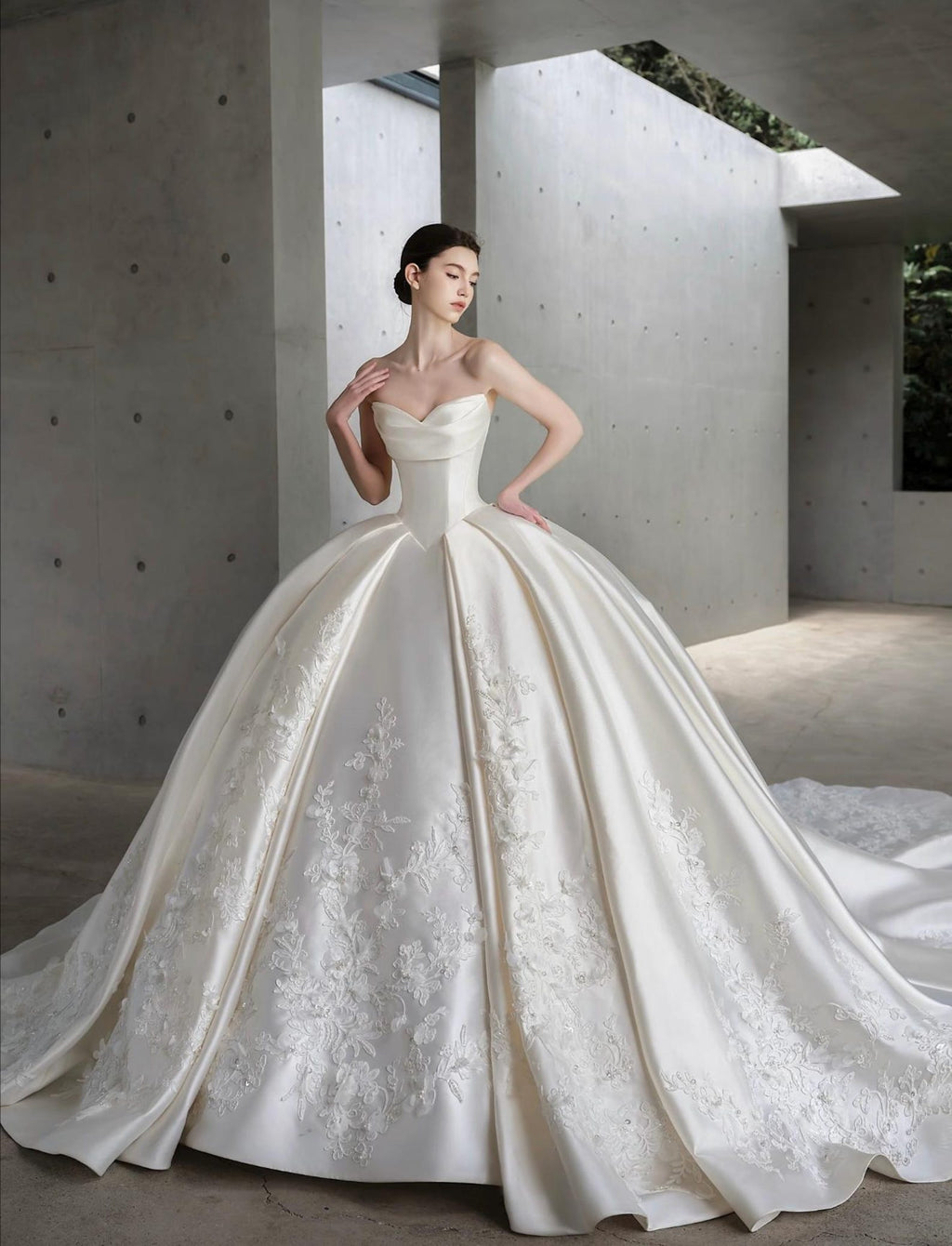 Two‑Way Mikado Satin Wedding Dress, Detachable Lace Long Sleeves, Ball Gown Bridal Gown, 3D Lace Appliques Cathedral Train Wedding Gown