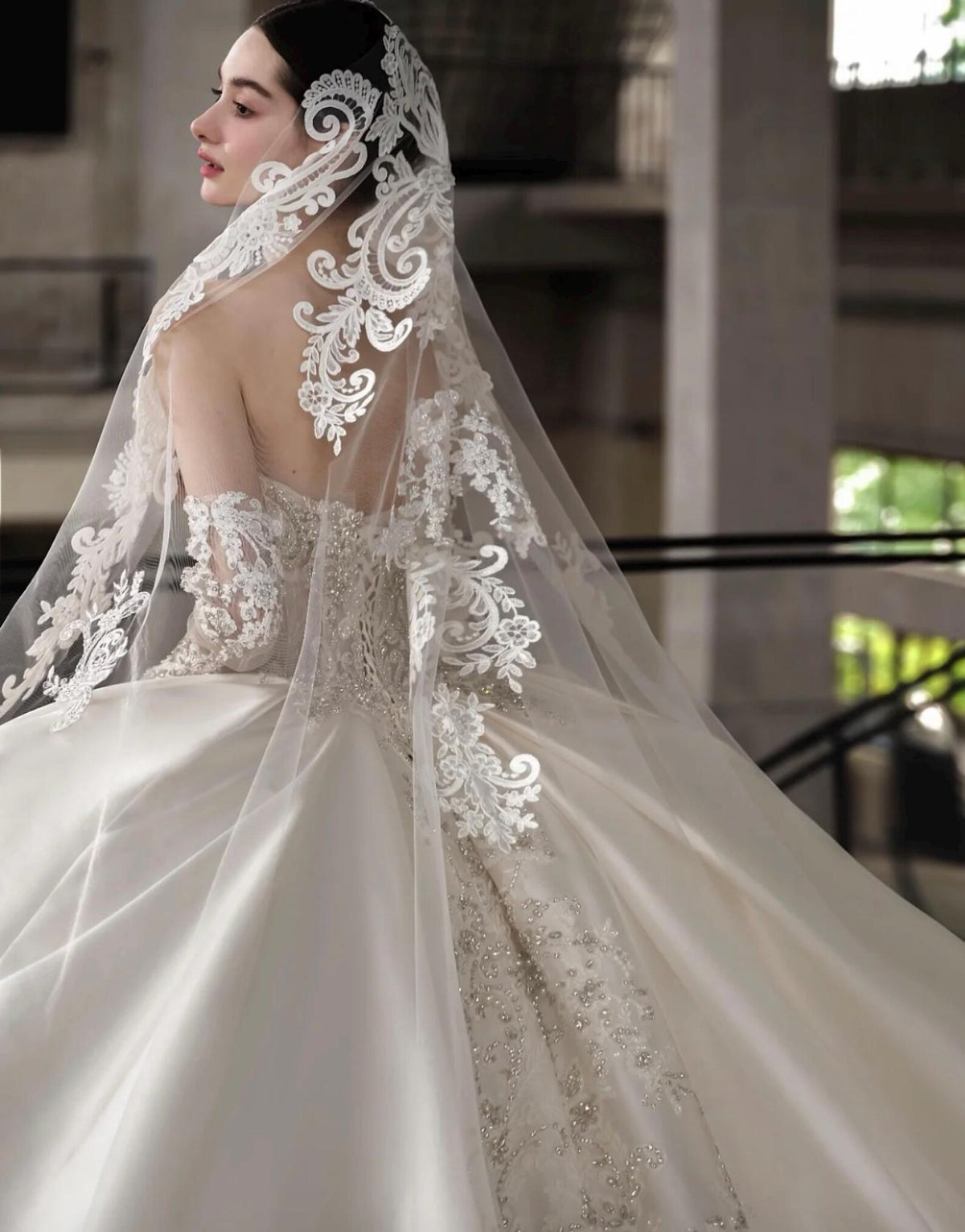 Luxury Beaded Lace Satin Wedding Gown, Ballgown Bridal Dress With Long Train