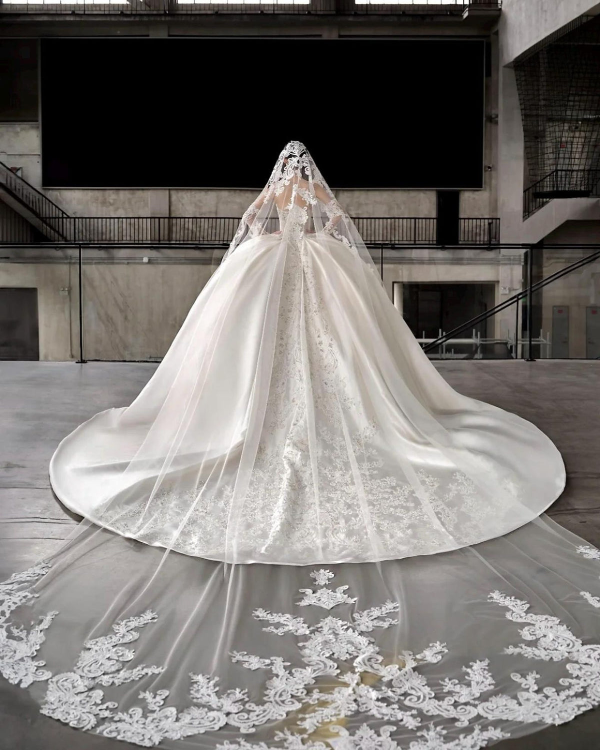 Luxury Beaded Lace Satin Wedding Gown, Ballgown Bridal Dress With Long Train