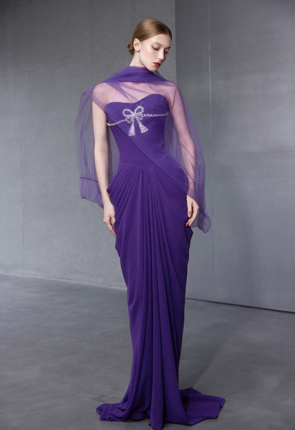 Purple Draped Pleated Evening Gown, Crystal Bow Detail With Tulle Shawl