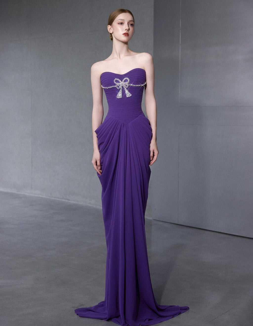 Purple Draped Pleated Evening Gown, Crystal Bow Detail With Tulle Shawl