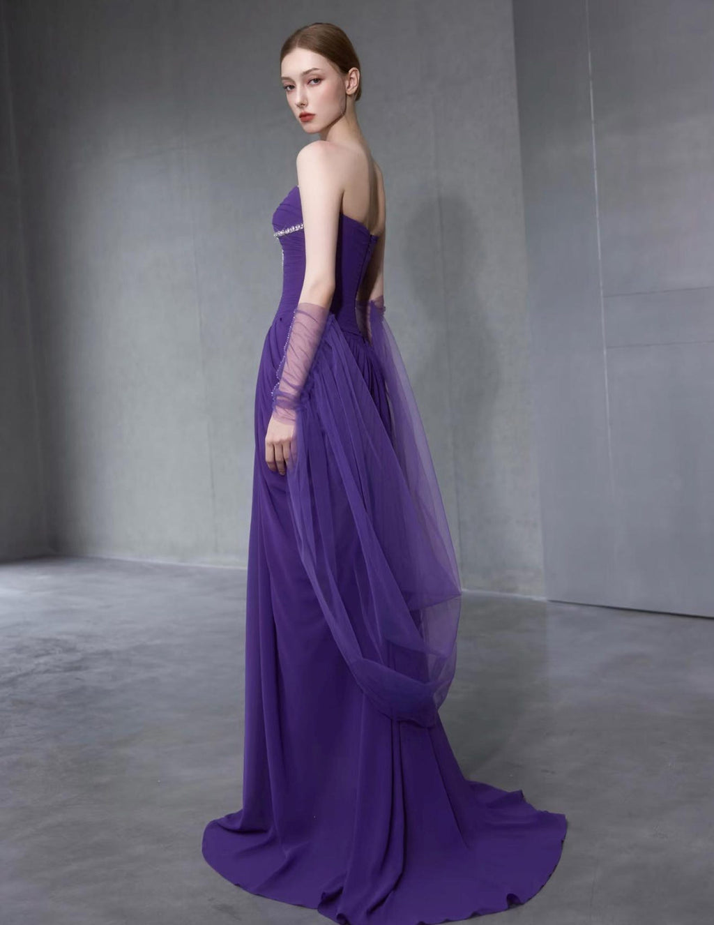 Purple Draped Pleated Evening Gown, Crystal Bow Detail With Tulle Shawl