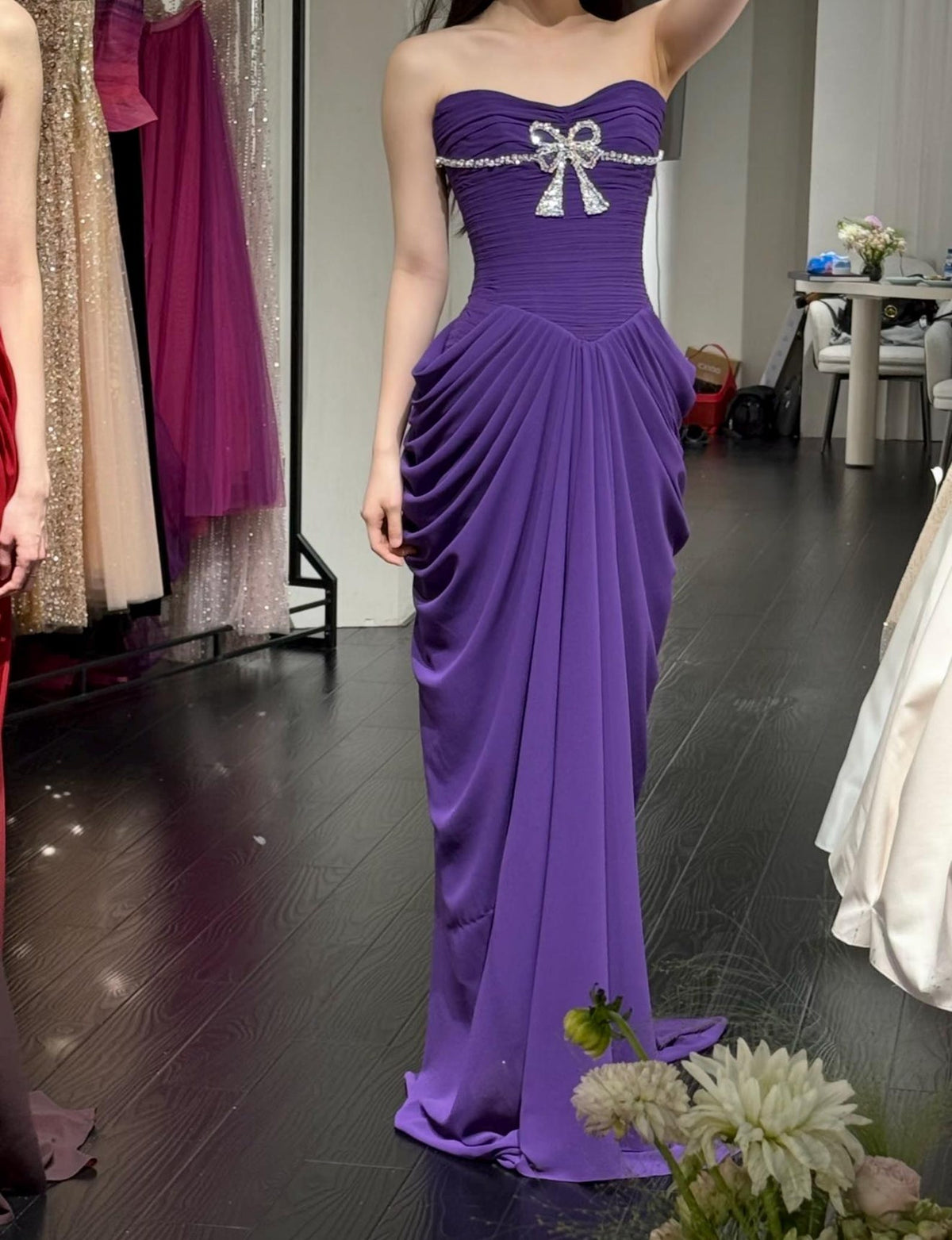Purple Draped Pleated Evening Gown, Crystal Bow Detail With Tulle Shawl