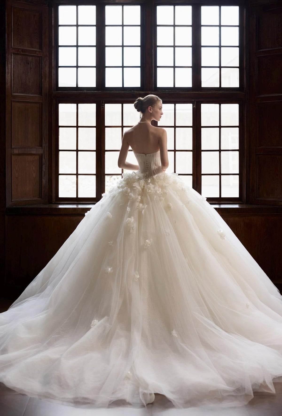 Strapless Beaded Corset Tulle Ballgown Wedding Dress, 3D Floral Bridal Gown