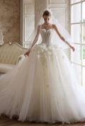 Strapless Beaded Corset Tulle Ballgown Wedding Dress, 3D Floral Bridal Gown