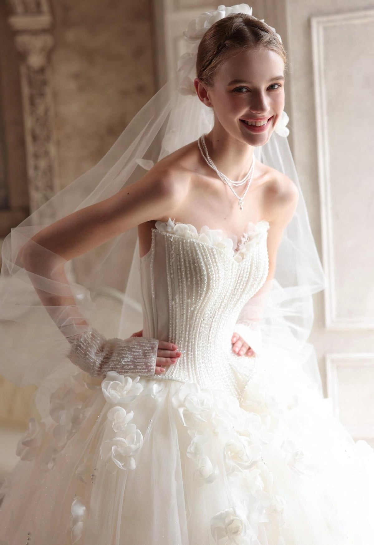 Strapless Beaded Corset Tulle Ballgown Wedding Dress, 3D Floral Bridal Gown