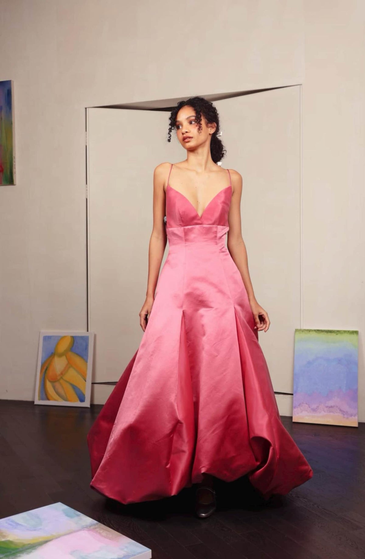 Pink Satin Spaghetti Strap Evening Gown, V‑Neck A‑Line Formal Prom Dress