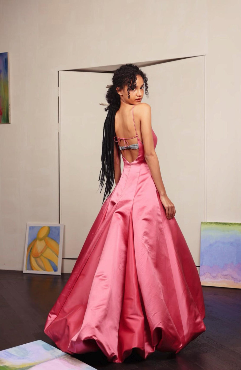 Pink Satin Spaghetti Strap Evening Gown, V‑Neck A‑Line Formal Prom Dress