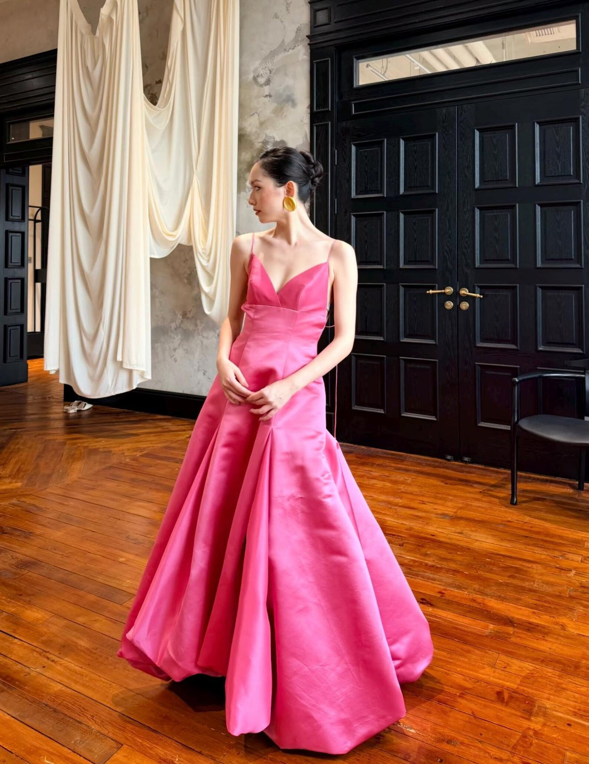 Pink Satin Spaghetti Strap Evening Gown, V‑Neck A‑Line Formal Prom Dress