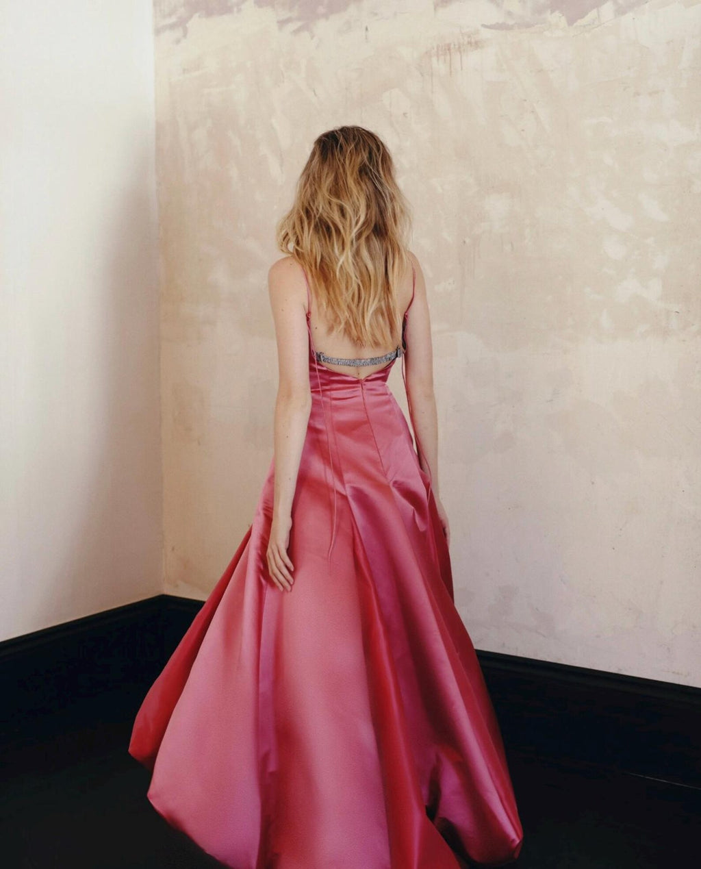 Pink Satin Spaghetti Strap Evening Gown, V‑Neck A‑Line Formal Prom Dress