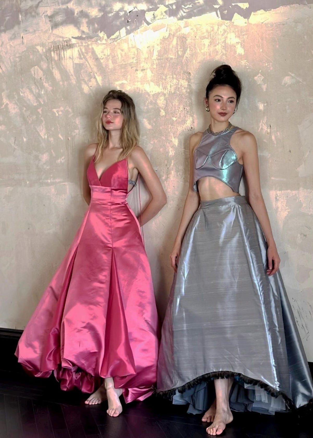 Pink Satin Spaghetti Strap Evening Gown, V‑Neck A‑Line Formal Prom Dress